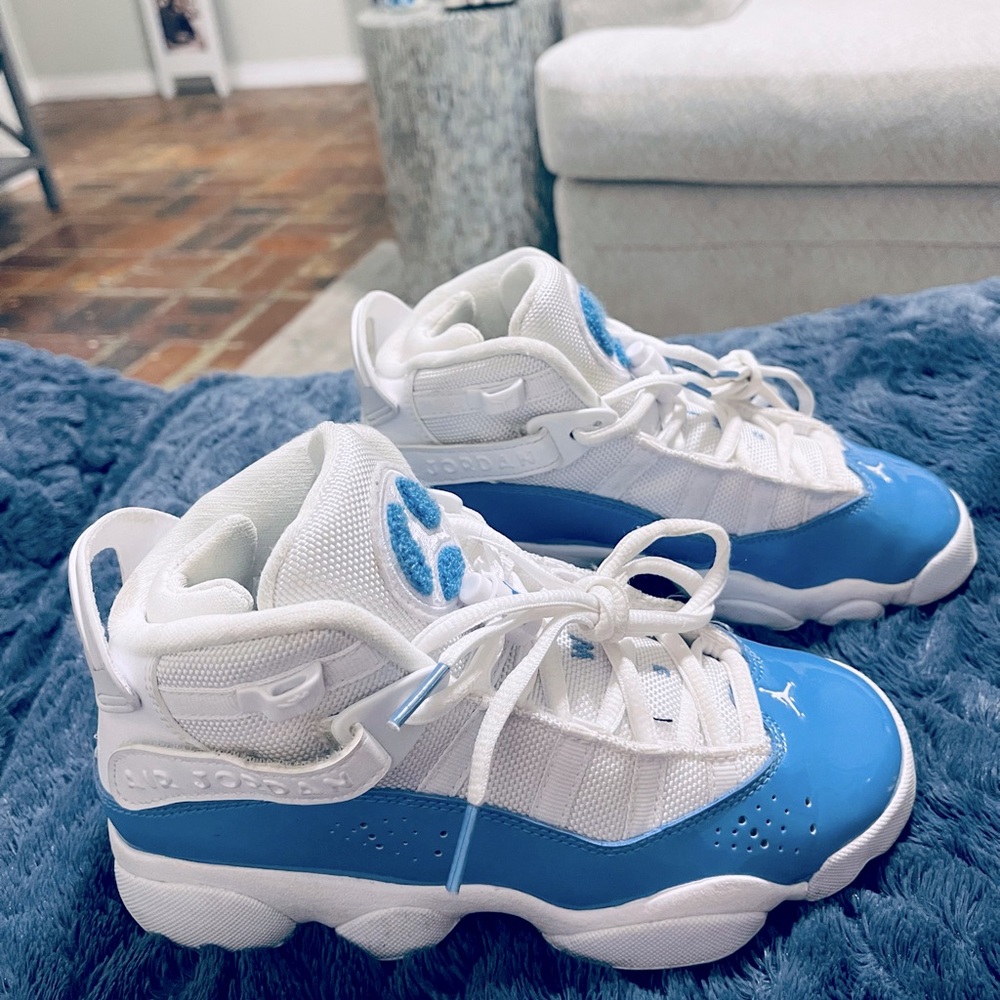 Air Jordan baby blue and white! Great condition my daughter out grew them.